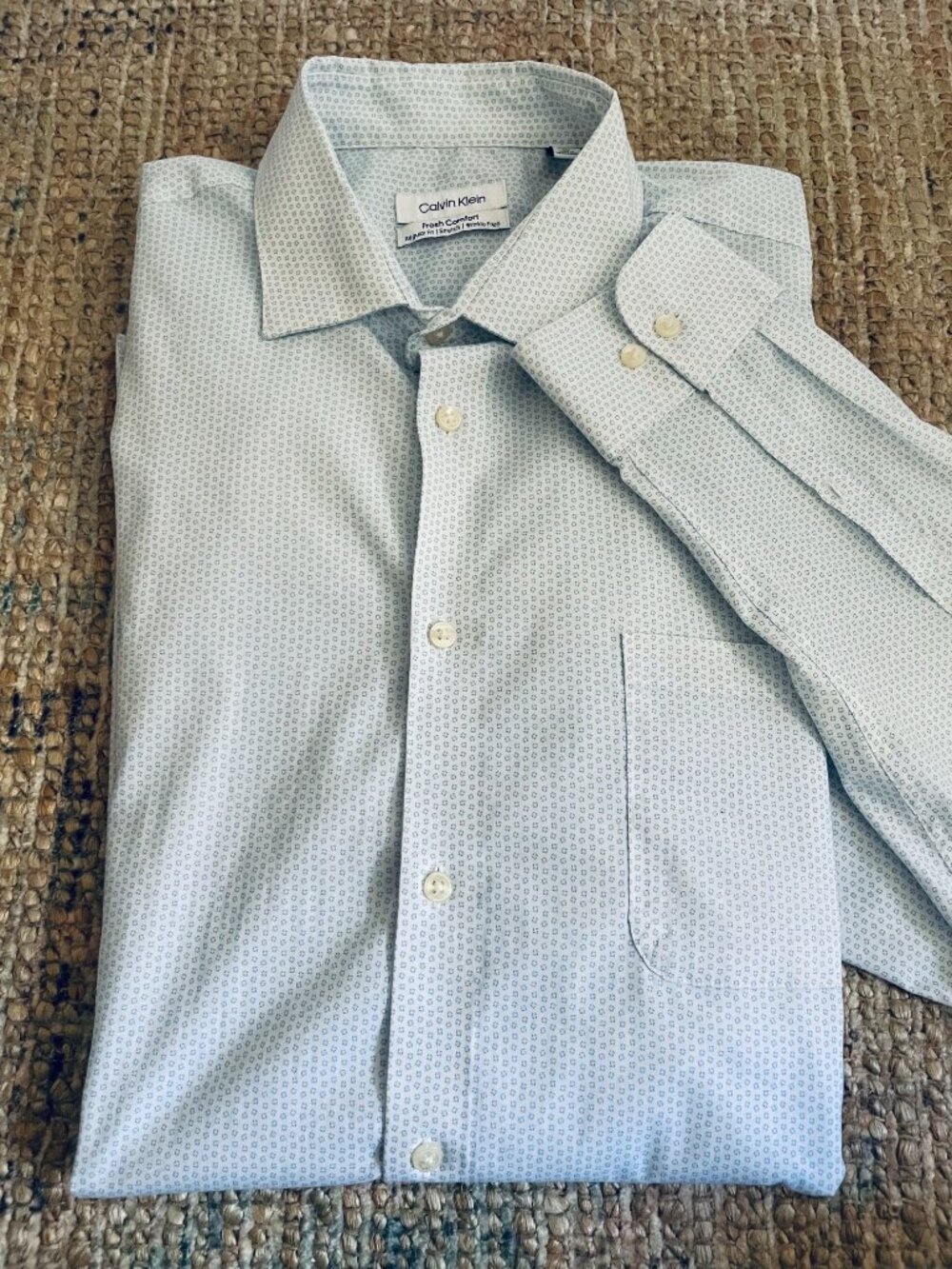 Calvin Klein Fresh Comfort Dress Shirt Regular Fit XL 17 34/35 Blue Geometric
